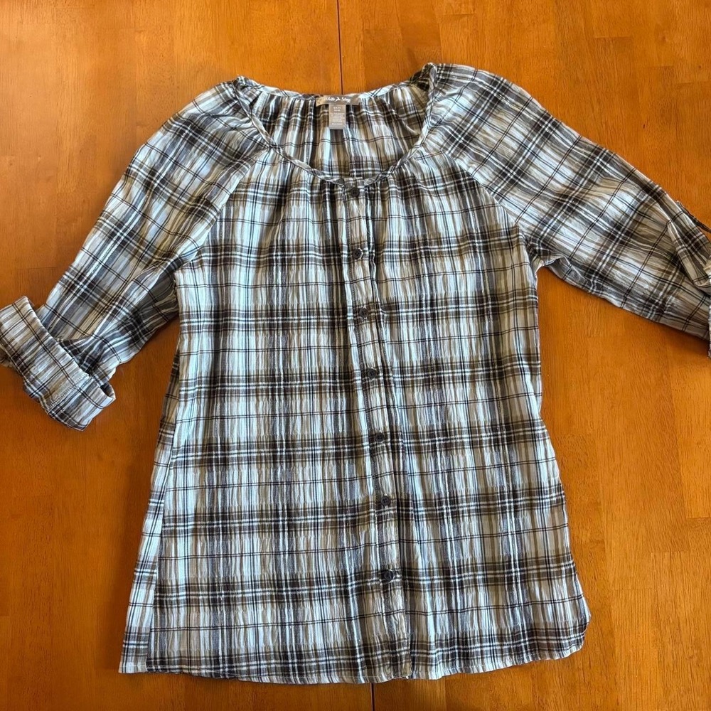 Cottagecore White Stag brown and beige sparkly plaid blouse